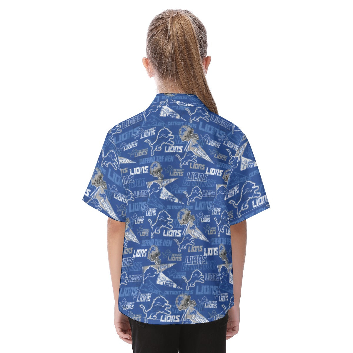 detroit-lions-kids-hawaiian-vacation-shirt blue silver football close-up design detail