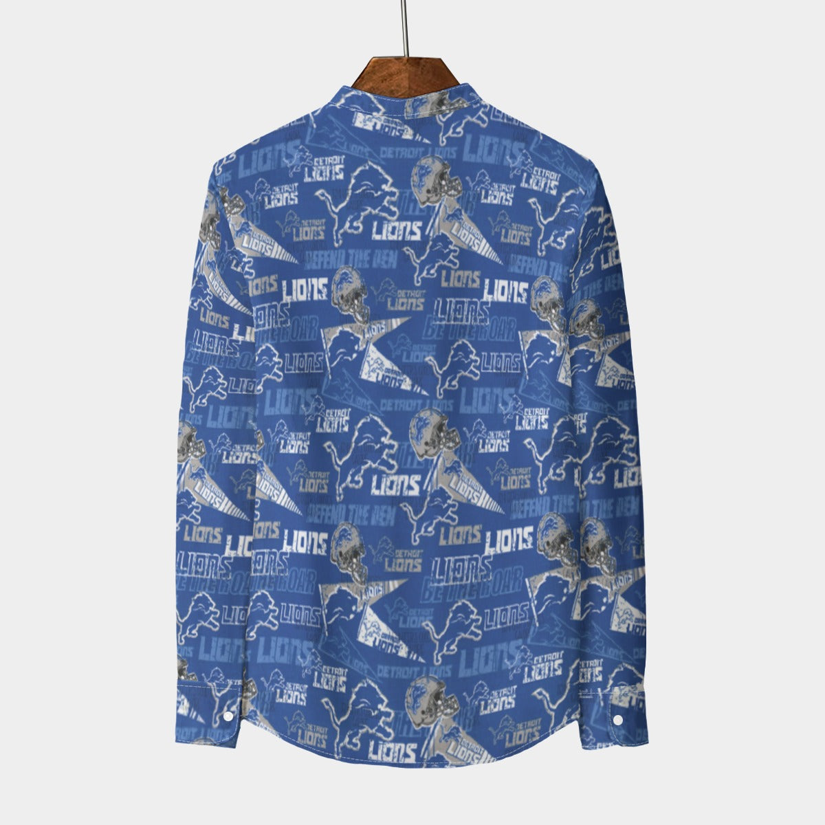 detroit-lions-mens-stand-collar-shirt-with-long-sleeve-110gsm-imitation-flax blue silver football fabric breathable detail