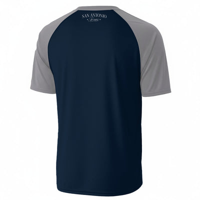 Dark Slate Gray San Antonio Texas Navy Blue and Grey Varsity T Shirt Men Vintage Script Athletic Raglan Tee