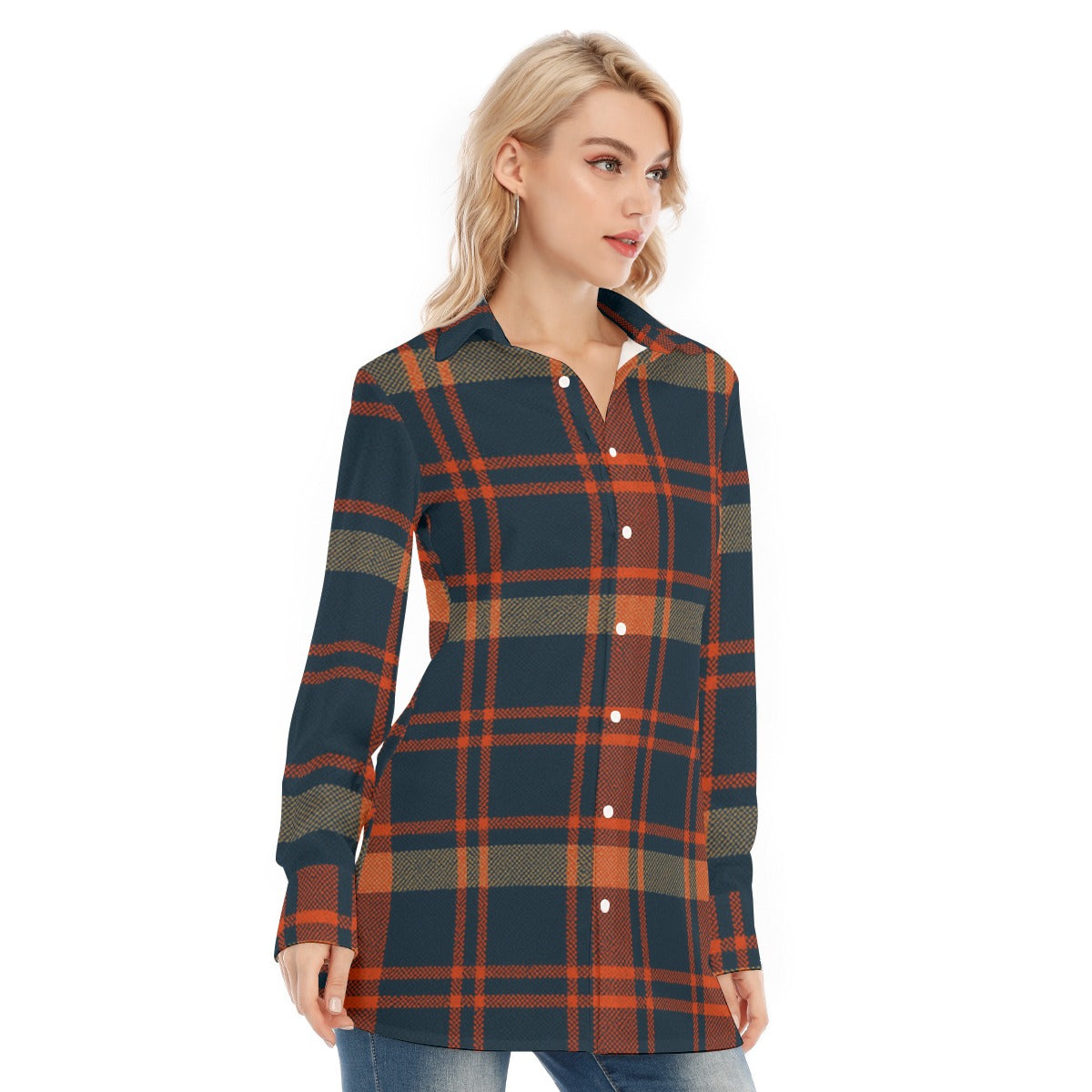 Auburn Tigers Tartan Plaid Navy Orange Women's Long Shirt |115GSM Cotton poplin streetwear fashion product image 4