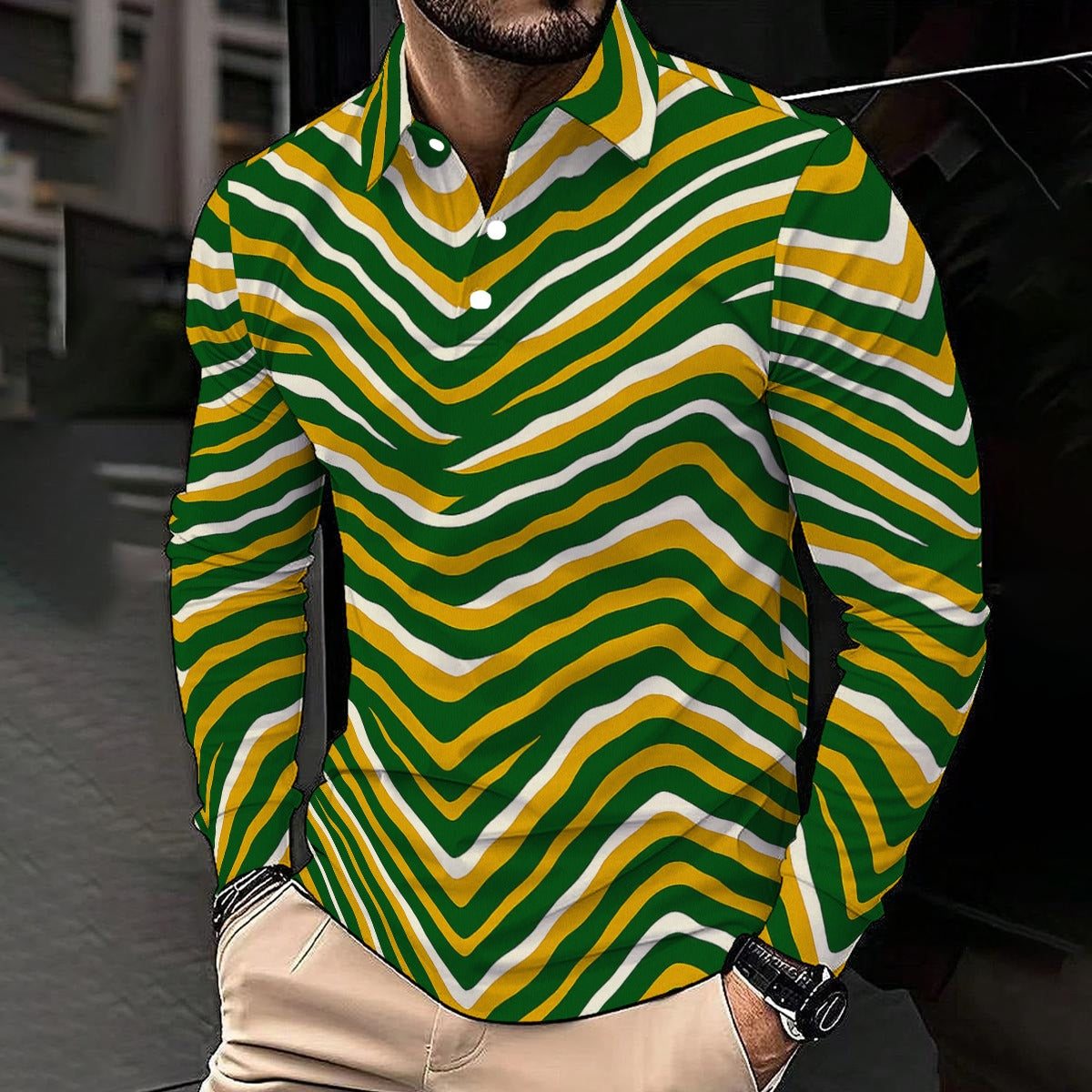 Green Bay Football Yellow Green Men’s Long Sleeve Polo Shirt – Game Day Streetwear – casual fan outfit, casual fan outfit, image 1.0