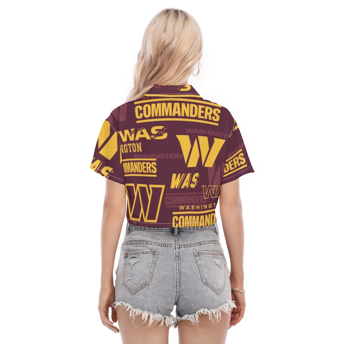 washington-commanders-womens-cropped-shirt burgundy gold football outfit side view