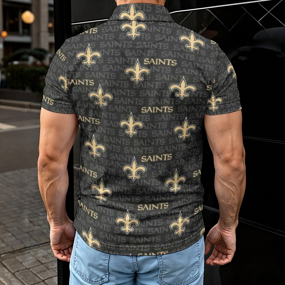 new-orleans-saints-mens-polo-shirt black gold football detail fabric breathable