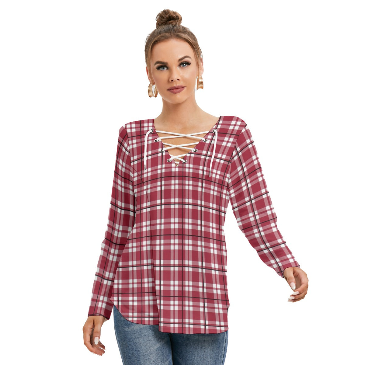 Alabama Crimson Tide Tartan Plaid Crimson White Women's Long Sleeve Neckline Tie Sweatshirt streetwear fashion product image 3