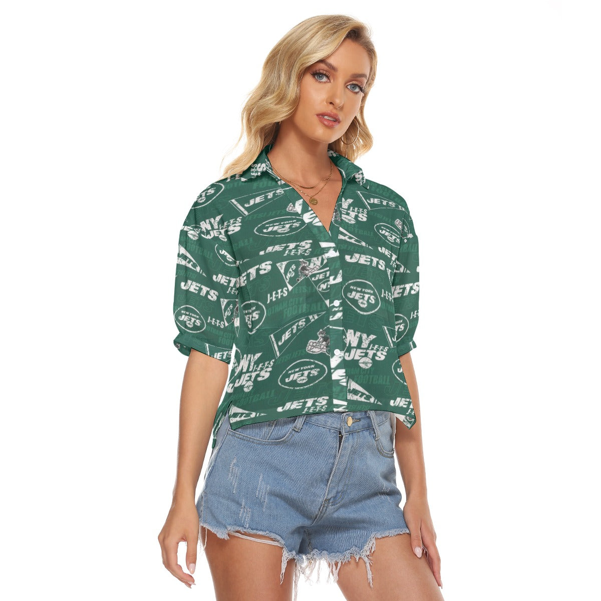 new-york-jets-womens-v-neck-shirts green white football outfit detail
