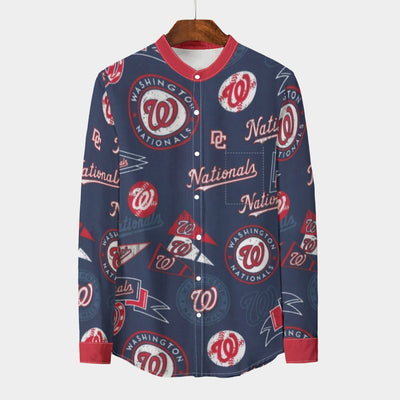 Washington Nationals Men's Stand Collar Shirt With Long Sleeve|110GSM Imitation Flax washington nationals baseball fan apparel game day outfit