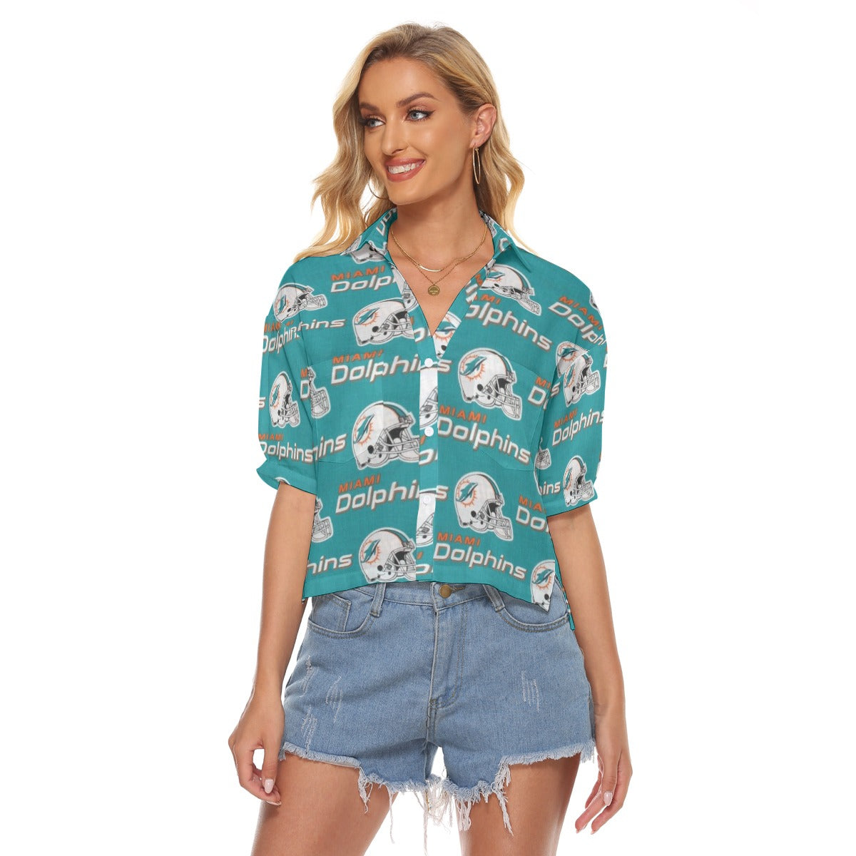 Miami Dolphins Women's V-neck Shirts aqua orange football outfit back view