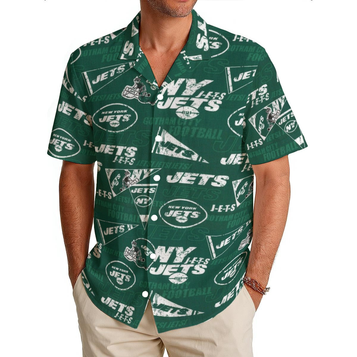 New York Jets  Men's Hawaiian Shirt|150GSM green white football outfit back view