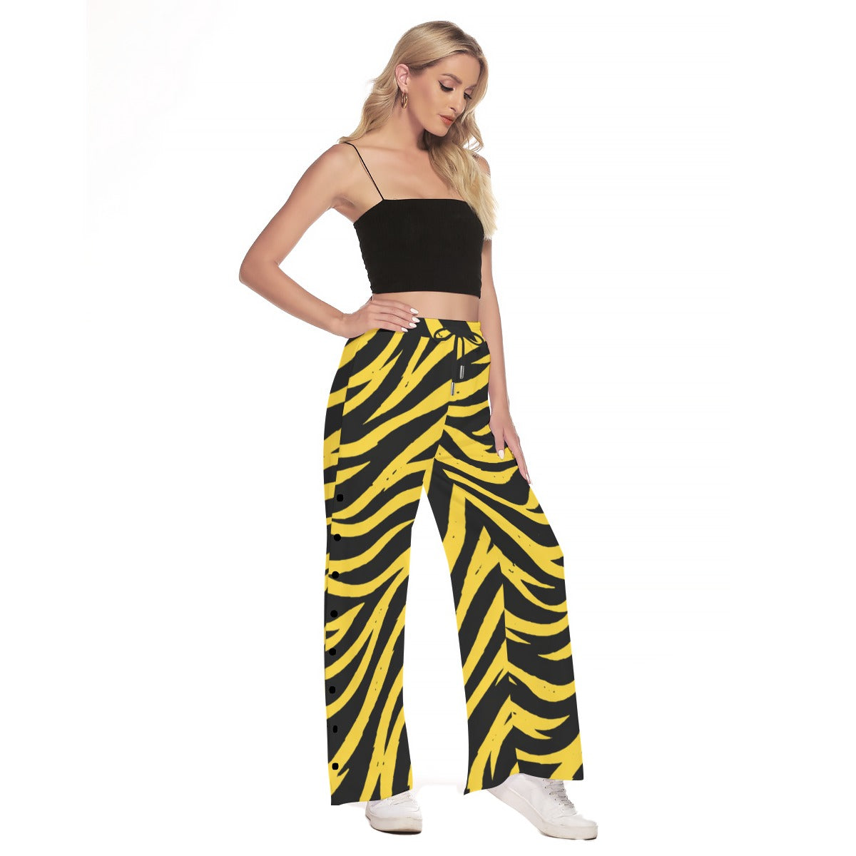 White Smoke Pittsburgh Football Yellow Black Zebra Women's Side Slit Snap Button Trousers