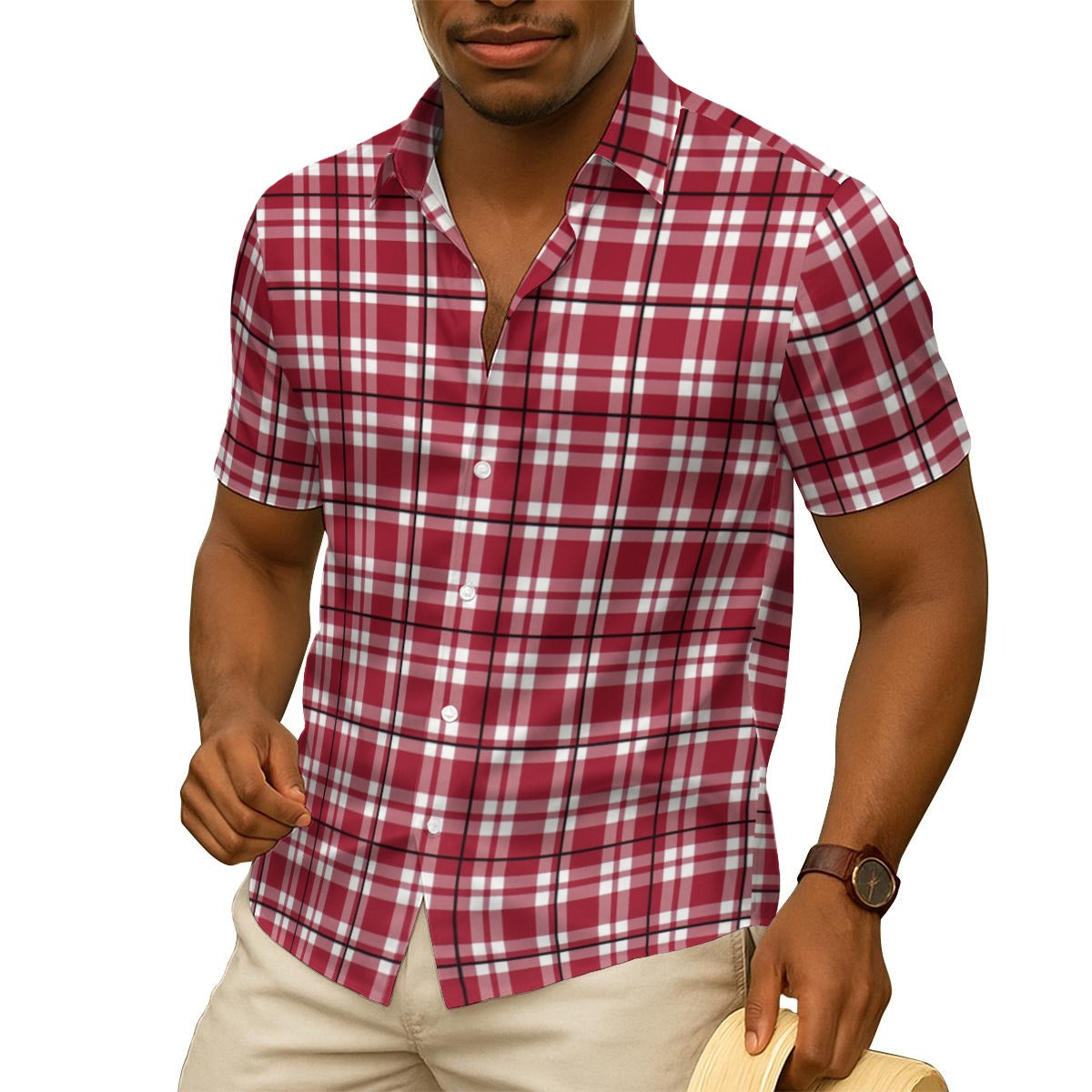 Alabama Football Silk Shirt Men – Crimson Plaid Short Sleeve Game Day Style – breathable comfort wear, casual fan outfit, image 1.0