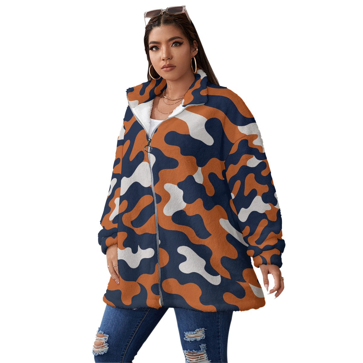 White Smoke Chicago Football Women’s Oversized Camo Jacket – Navy Orange Game Day Streetwear Coat