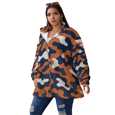 White Smoke Chicago Football Women’s Oversized Camo Jacket – Navy Orange Game Day Streetwear Coat