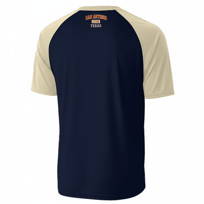 White Smoke San Antonio Texas 1718 Navy Blue and Cream Varsity T Shirt Men Orange Athletic Raglan Tee
