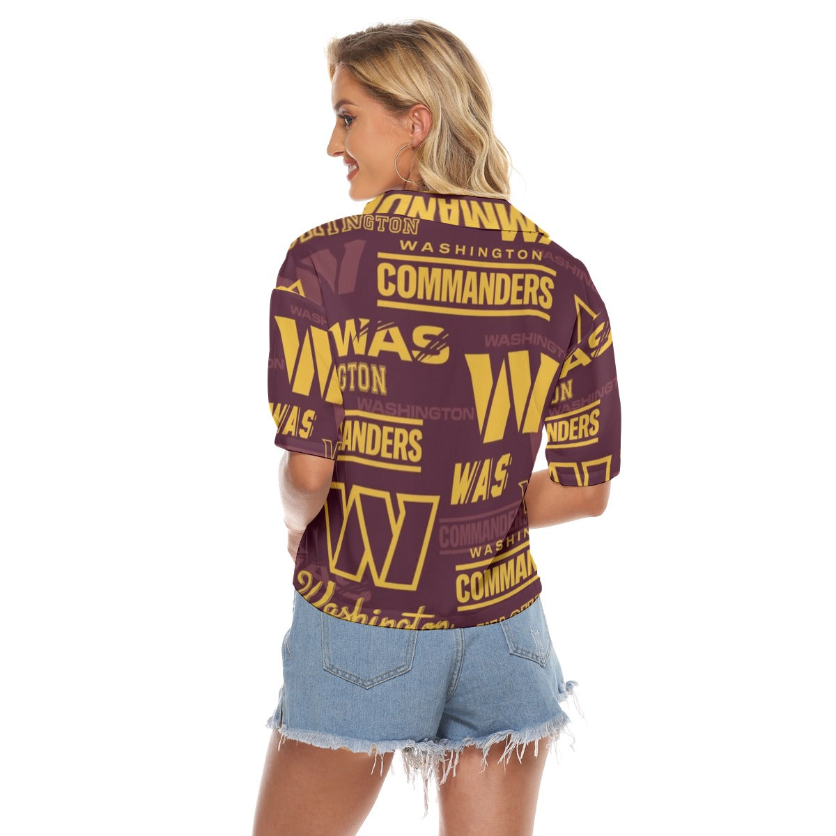 washington-commanders-womens-v-neck-shirts burgundy gold football outfit side view