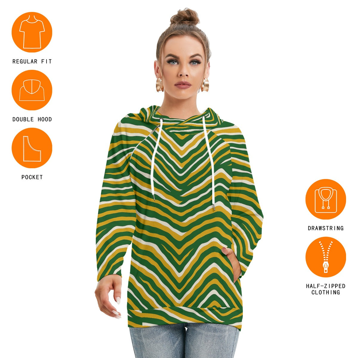 Green Bay Football Yellow Green Women’s Double Hood Hoodie – Game Day Streetwear
