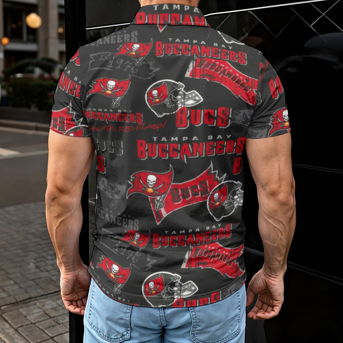 tampa-bay-buccaneers-mens-polo-shirt red pewter football outfit detail