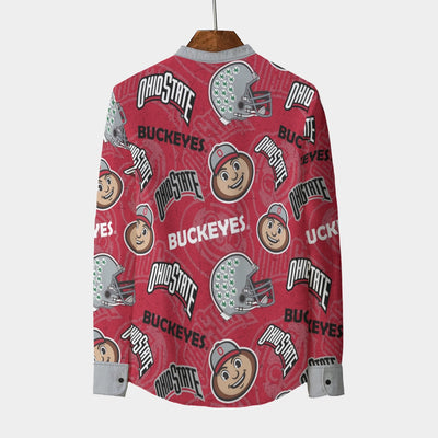 Ohio State Buckeyes Stand Collar Shirt With Long Sleeve|110GSM Imitation Flax White game day varsity apparel