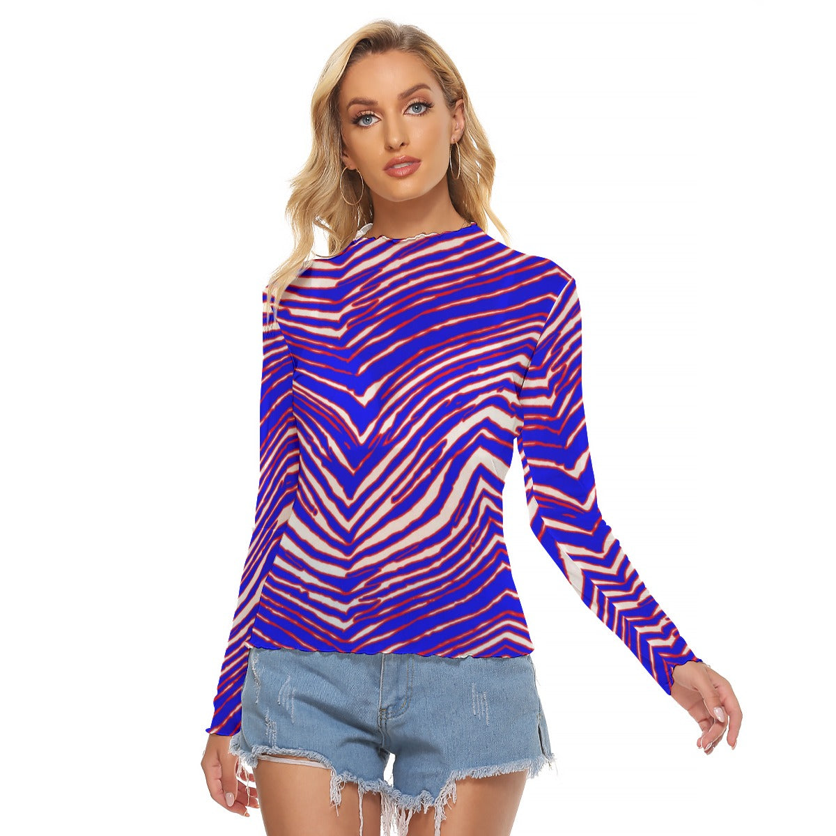 Vuffalo Women's Mesh T-shirt – Red Blue White Zebra football Game Day Style