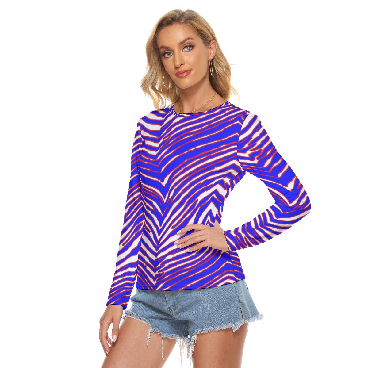 Buffalo football  Women's Stretchable long Sleeve Top – Red Blue White Zebra Game Day Style