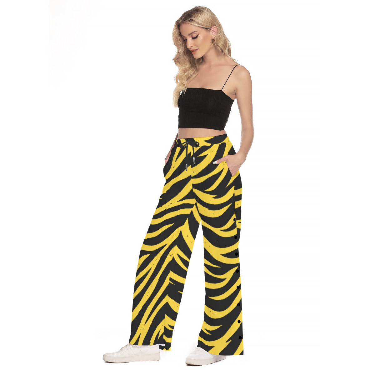 Pittsburgh Football Yellow Black Zebra Women's Side Slit Snap Button Trousers – nfl fan apparel, breathable comfort wear, image 1.0