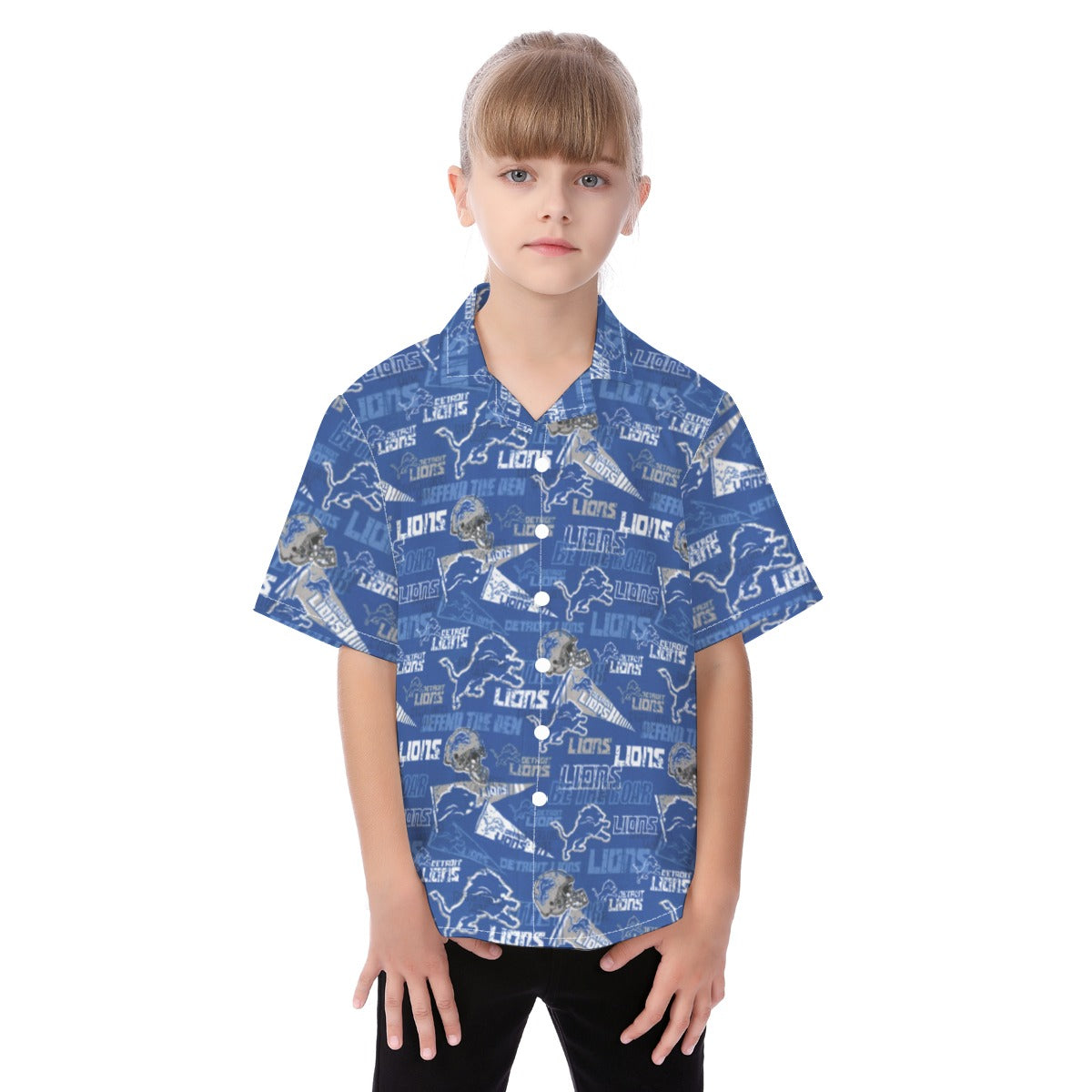 Detroit Lions  Kid's Hawaiian Vacation Shirt blue silver football back view game day look