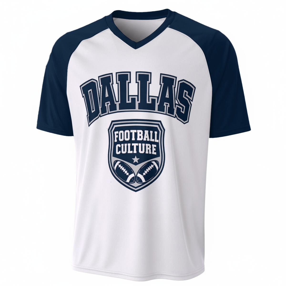 Dallas Football Culture V Neck T Shirt White and Navy Blue – Texas Game Day Fan Tee – casual fan outfit, football shirt, image 1.0
