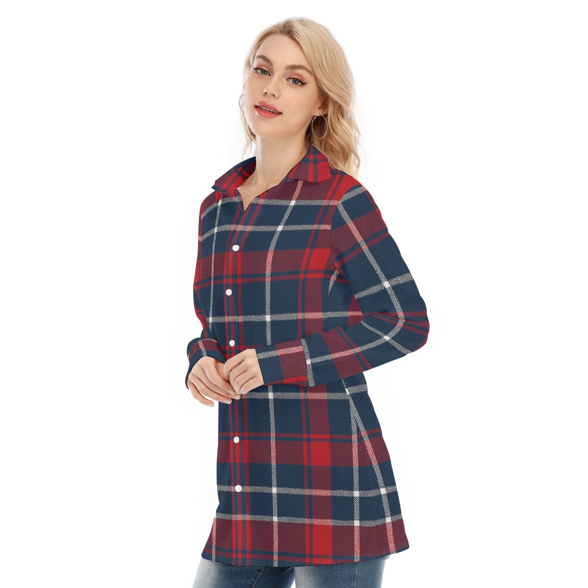 Arizona Wildcats Tartan Plaid Navy Red Women's Long Shirt |115GSM Cotton poplin streetwear fashion product image 4