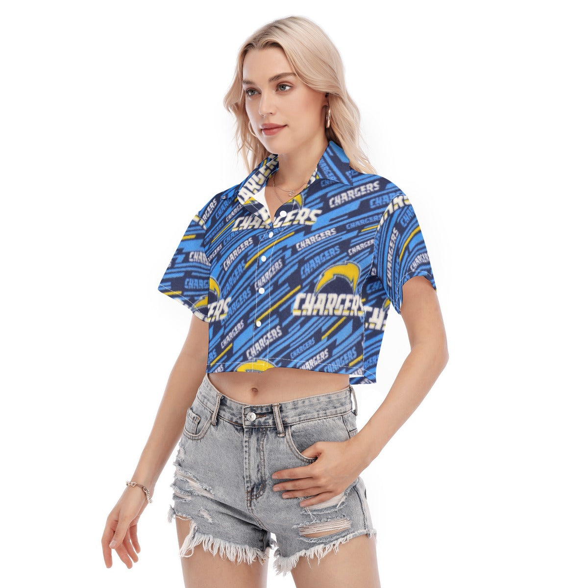 los-angeles-chargers-womens-cropped-shirt powder blue yellow football side view beach style