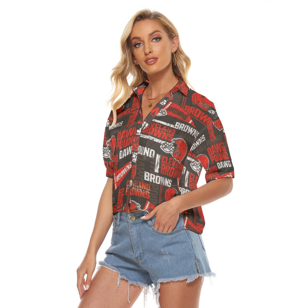 cleveland-browns-womens-v-neck-shirts brown orange football outfit fabric close-up