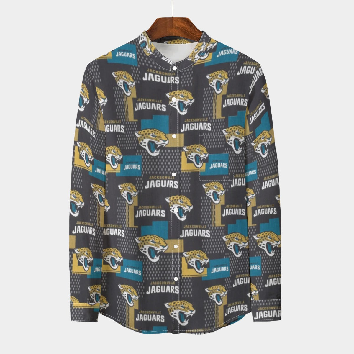Jacksonville Jaguars Men's Stand Collar Shirt With Long Sleeve|110GSM Imitation Flax teal black football back view game day look