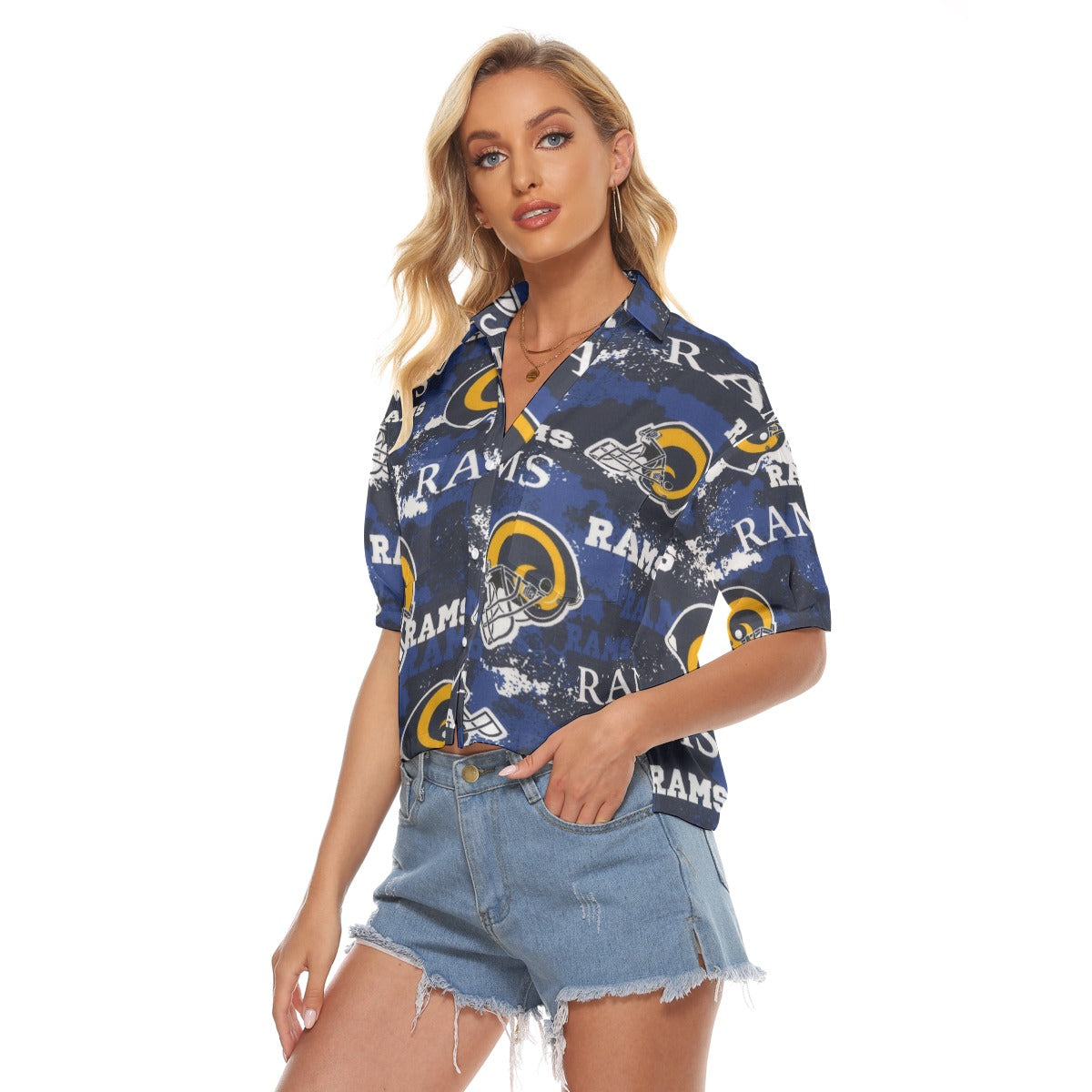 los-angeles-rams-womens-v-neck-shirts navy orange football outfit fabric close-up