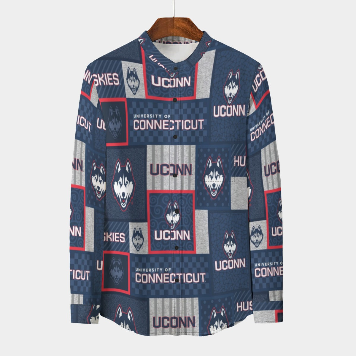 Connecticut Huskies Stand Collar Shirt With Long Sleeve|110GSM Imitation Flax White game day varsity apparel