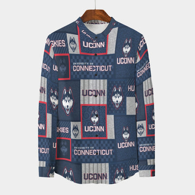 Connecticut Huskies Stand Collar Shirt With Long Sleeve|110GSM Imitation Flax White game day varsity apparel