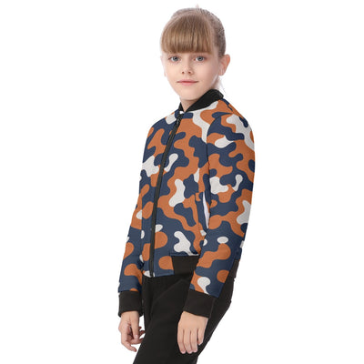 White Smoke Chicago Football Kids Camo Bomber Jacket – Navy Orange Youth Game Day Jacket