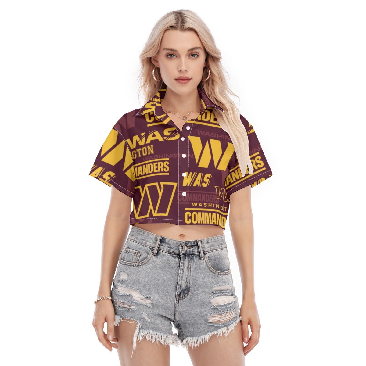 Washington Commanders Women's Cropped Shirt burgundy gold football outfit back view