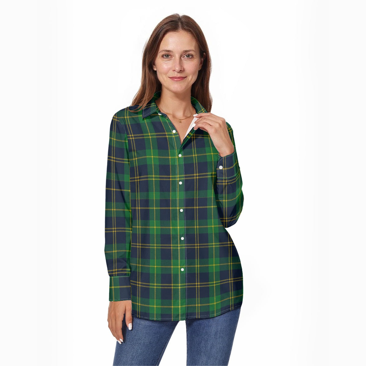 Notre Dame Fighting Irish Green Navy Gold Plaid Womens Long Sleeve Shirt 6 green navy gold plaid women fashion apparel