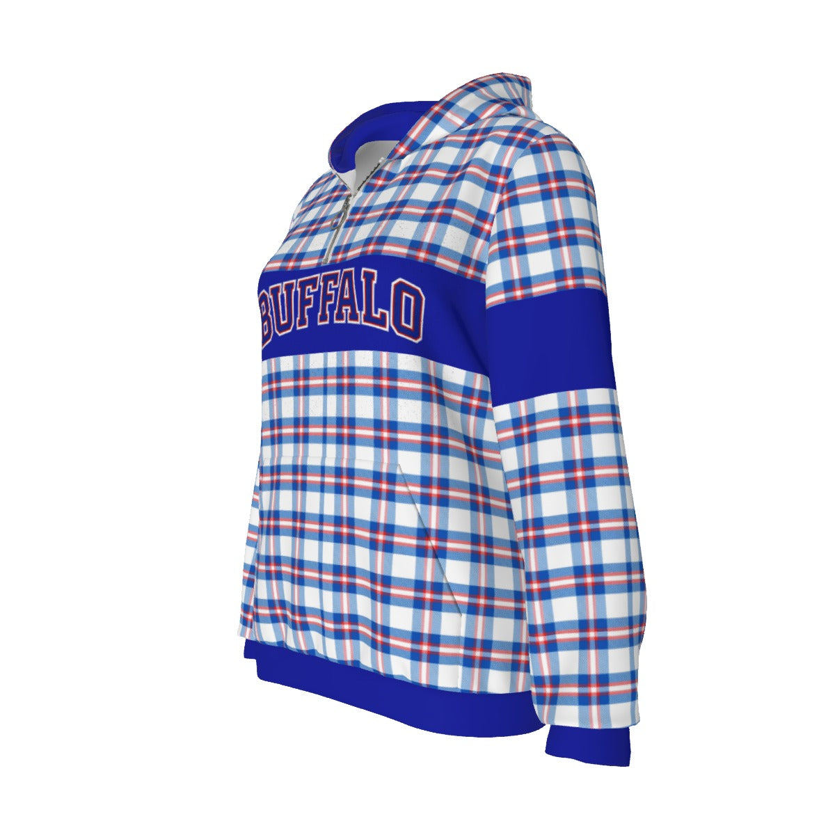 White Smoke Buffalo football tartan plaid Women's Borg Fleece Hoodie With Half Zip