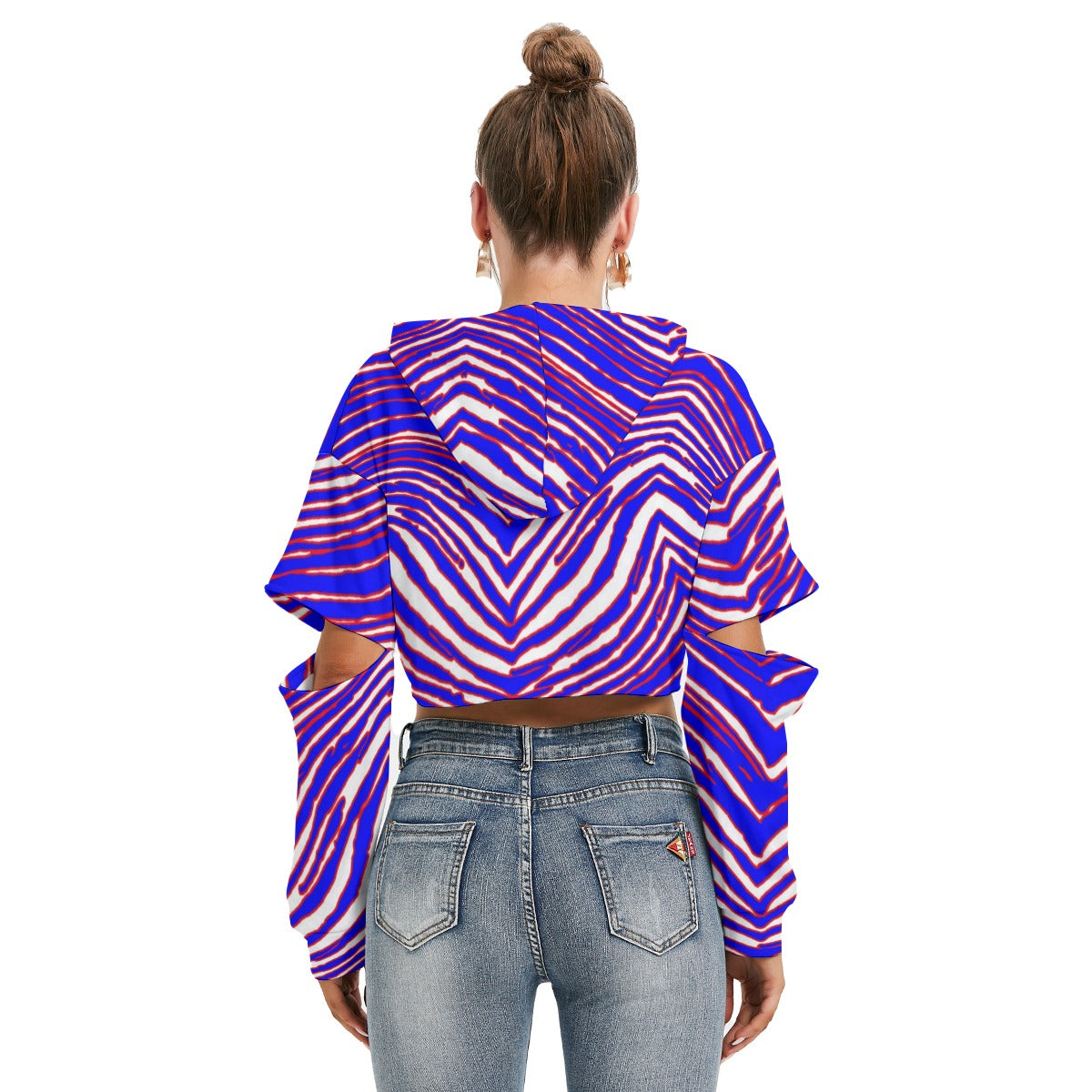 Women’s Heavy Fleece Hoodie with Hollow Out Sleeve – Red, Blue White Zebra Game Day Style