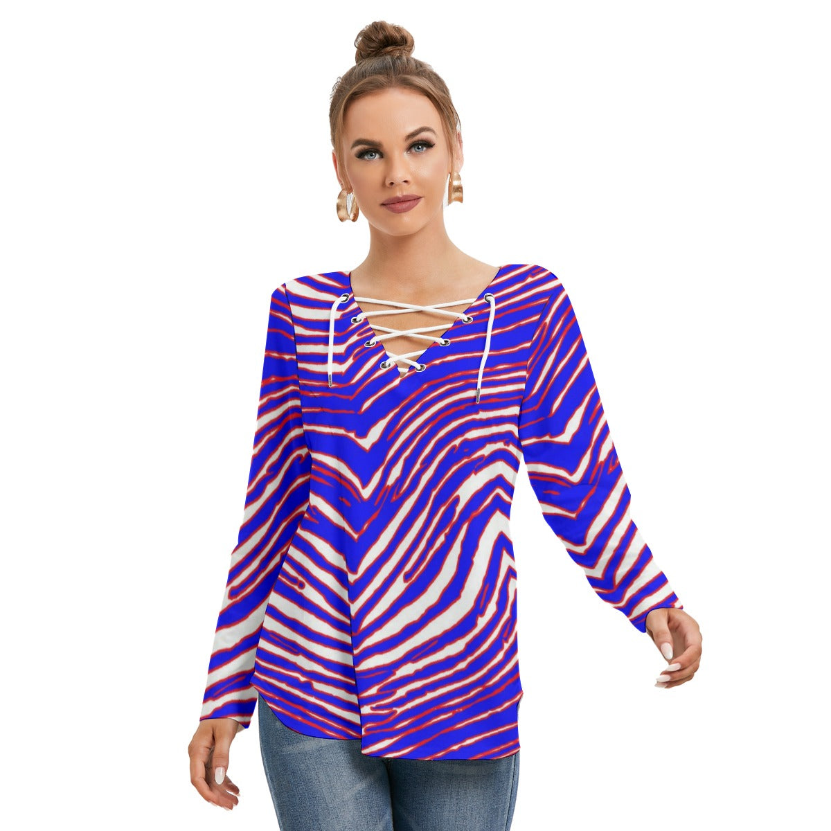 Buffalo football Women's Long Sleeve Neckline Tie Sweatshirt – Red Blue White Zebra Game Day Style