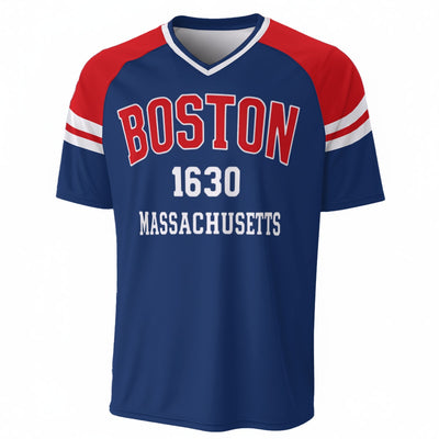 Boston 1630 Massachusetts Varsity T-Shirt – Navy Blue, Red and White Athletic Streetwear Graphic Tee – breathable comfort wear, casual fan outfit, image 1.0