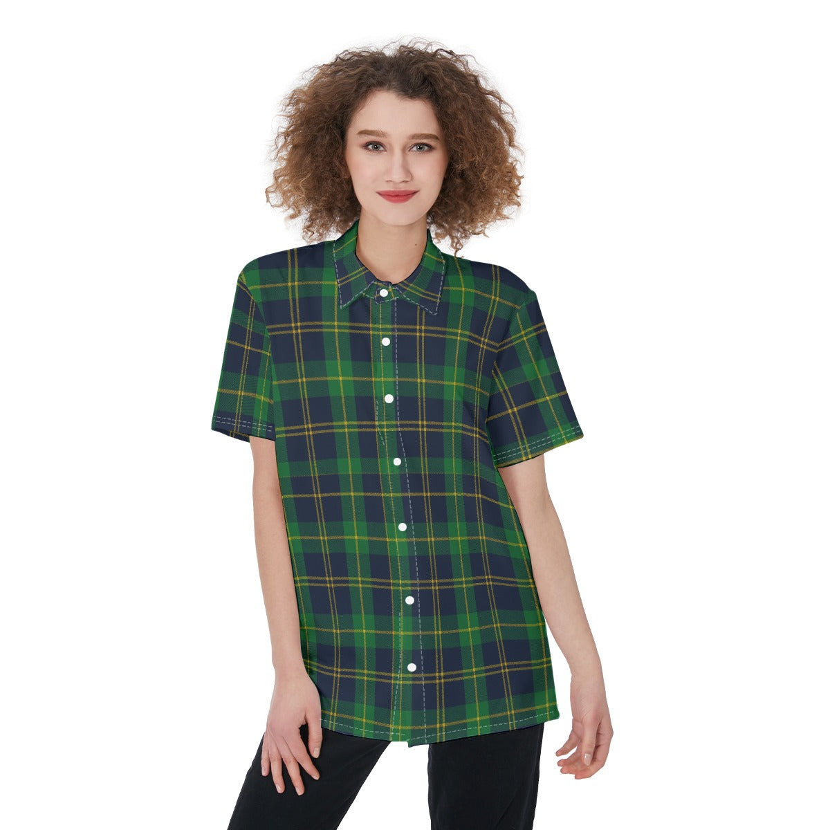 Notre Dame Fighting Irish Green Navy Gold Plaid Womens Shirt 7 green navy gold plaid women fashion apparel