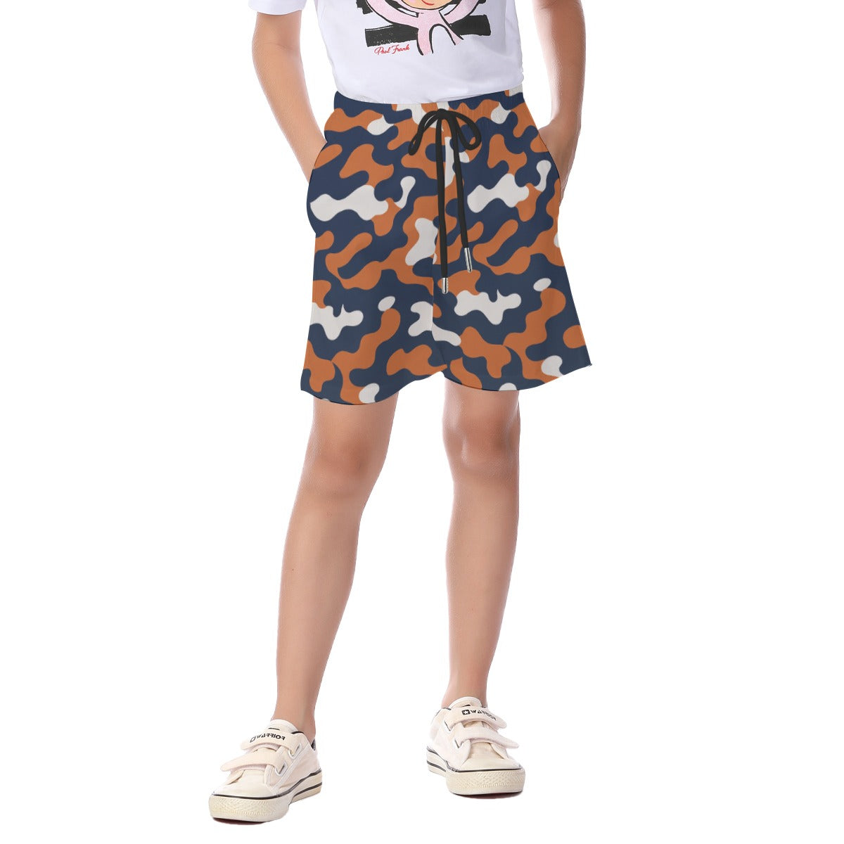 Chicago Football Kids Camo Beach Shorts – Navy Orange Youth Summer Shorts – breathable comfort wear, lightweight game day shirt, image 1.0