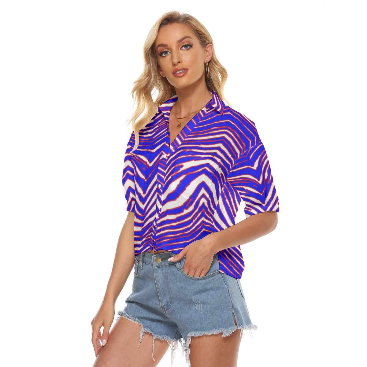 Buffalo Football Women's V-neck Shirts – Red Blue White Zebra Game Day Style