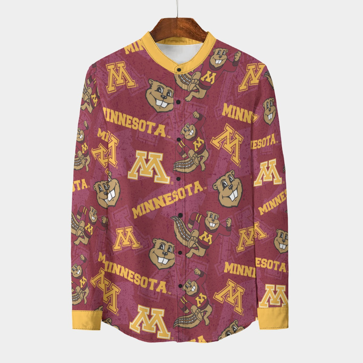 Minnesota Golden Gophers Stand Collar Shirt With Long Sleeve|110GSM Imitation Flax White varsity sports apparel