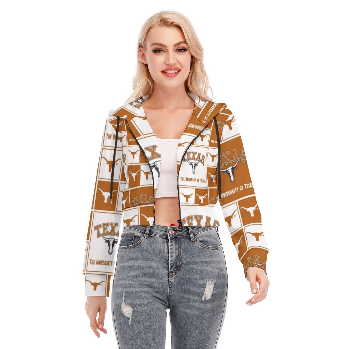 Texas at Austin - Longhorns Women's Crop Top Hoodie With Zipper Closure – sportswear style, football shirt, image 1.0