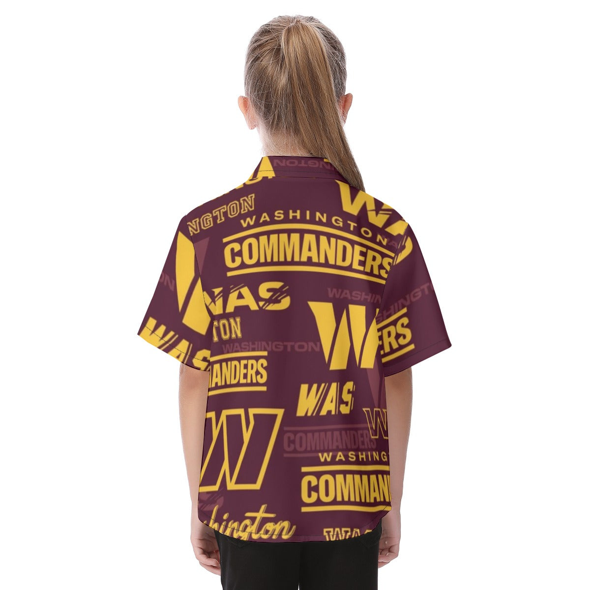 washington-commanders-kids-hawaiian-vacation-shirt burgundy gold football outfit side view