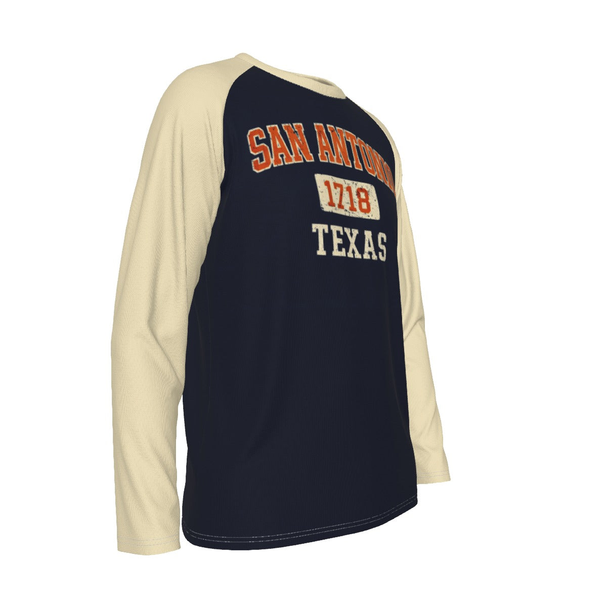 San Antonio Texas 1718 Navy Blue and Cream Long Sleeve Shirt Men Orange Varsity Raglan Tee