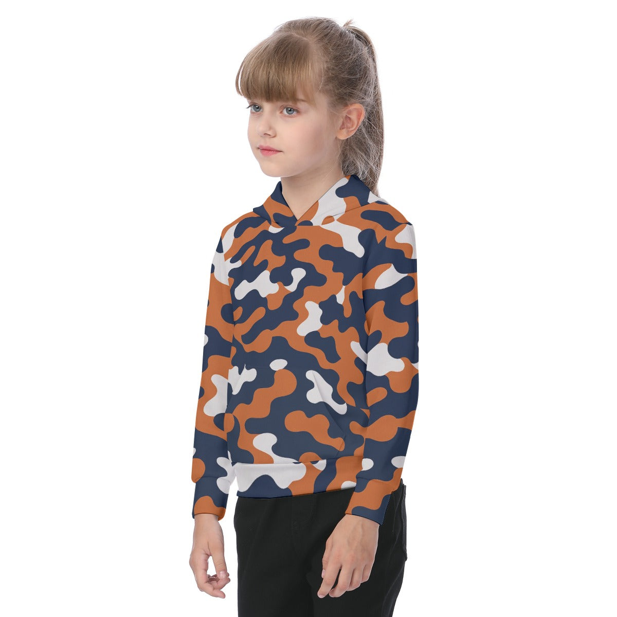 White Smoke Chicago Football Kids Camo Hoodie – Navy Orange Youth Game Day Sweatshirt