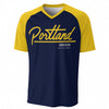 Portland Oregon Script T-Shirt in Blue and Yellow – Modern City Streetwear Tee – fan gear, breathable comfort wear, image 1.0