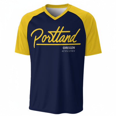 Portland Oregon Script T-Shirt in Blue and Yellow – Modern City Streetwear Tee – fan gear, breathable comfort wear, image 1.0